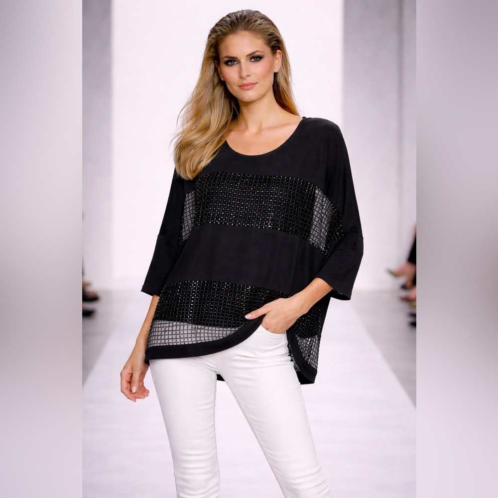 Joseph Ribkoff Black Mesh Sequin Tunic Top Size 4 NWT